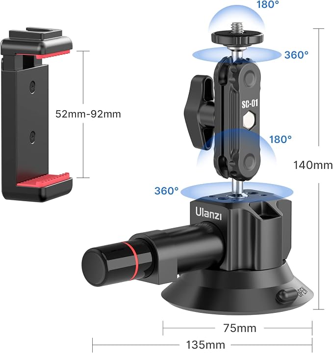 UURig SC-01 Suction Mount 3" for Vlogging Action Camera Car w Smartphone Clamp - Image 3