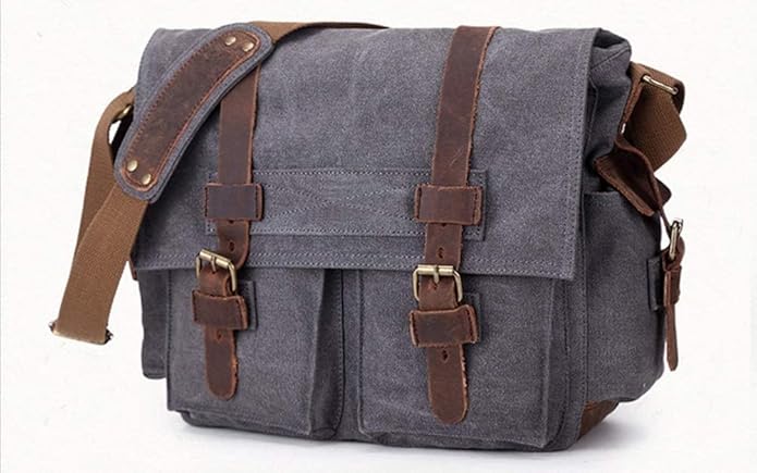 Sechunk Vintage Military Leather Canvas Laptop Bag Messenger Bags Medium - Image 2