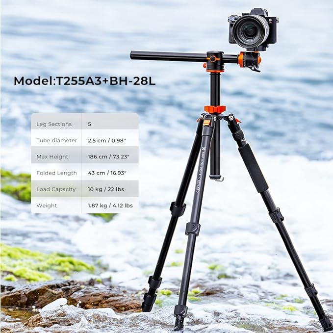 K&F CONCEPT 73 inch /186cm Camera Tripod, Transverse Center Column Aluminium - Image 2