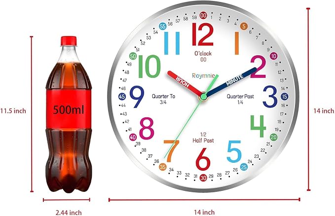 Roymnie 14 Inch Wall Clock for Kids Learning to Tell Time, Modern Silent - Image 5