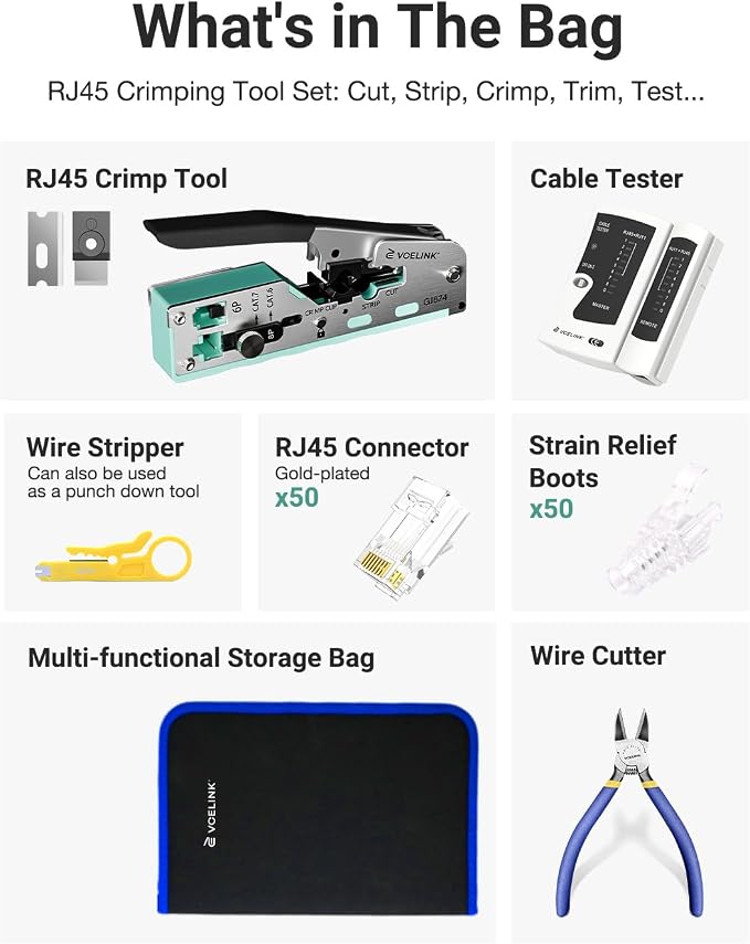 VCELINK RJ45 Crimp Tool Kit for CAT7/6A/6/5E/5, Upgraded Network Tool Set - Image 2
