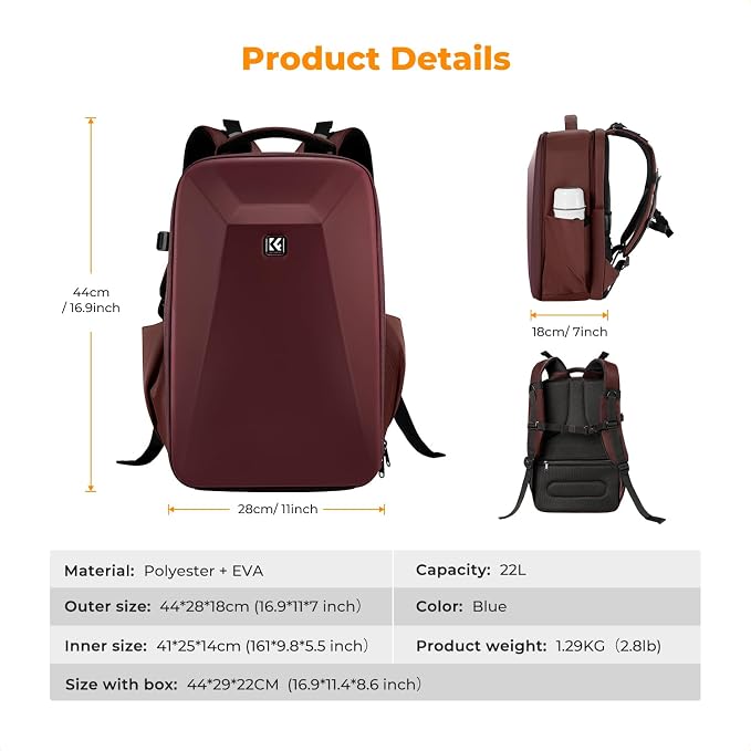 K&F CONCEPT Camera Backpack, Hardshell Photography DSLR Camera Bag - Image 7