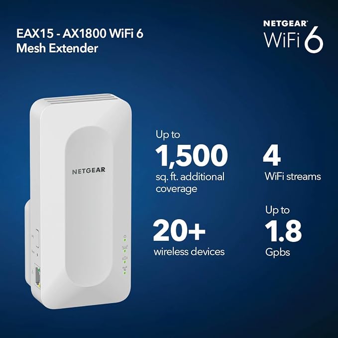 NETGEAR EAX15-100NAR AX1800 Dual-Band WiFi 6 Mesh Extender Wall Plug - Image 2