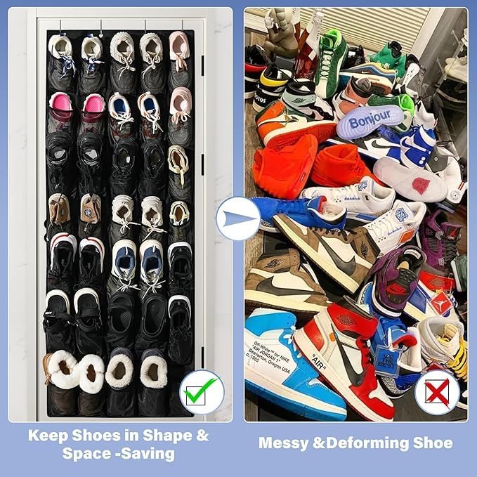 28 Mesh Pockets Hanging Over the Door Shoe Organizer （Black） - Image 5