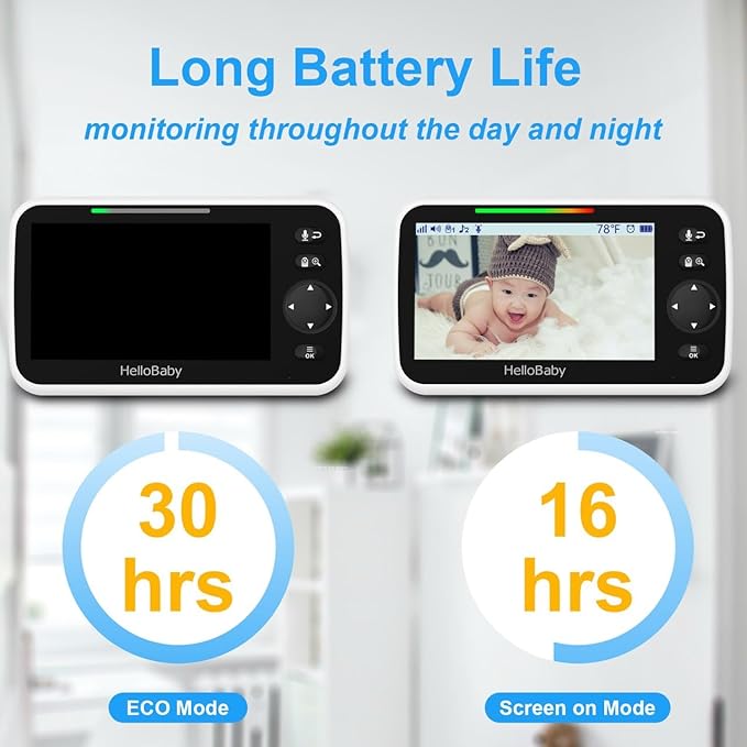 HelloBaby No WiFi Baby Monitor 5" Screen 30-Hour Battery Pan-Tilt-Zoom Video - Image 3