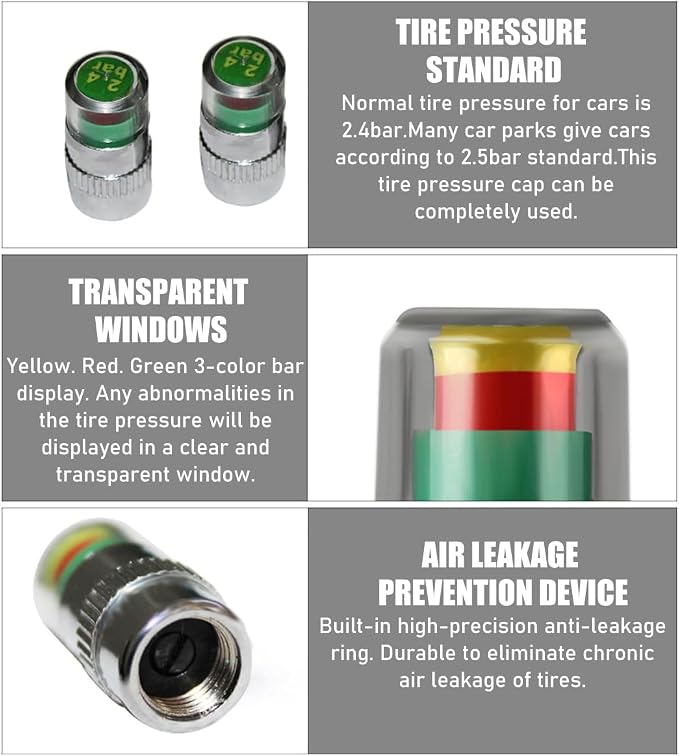 Yourkar 4 PCS Tire Pressure Monitor Valve Stem Caps, 2.4Bar 36PSI Car Tire - Image 4