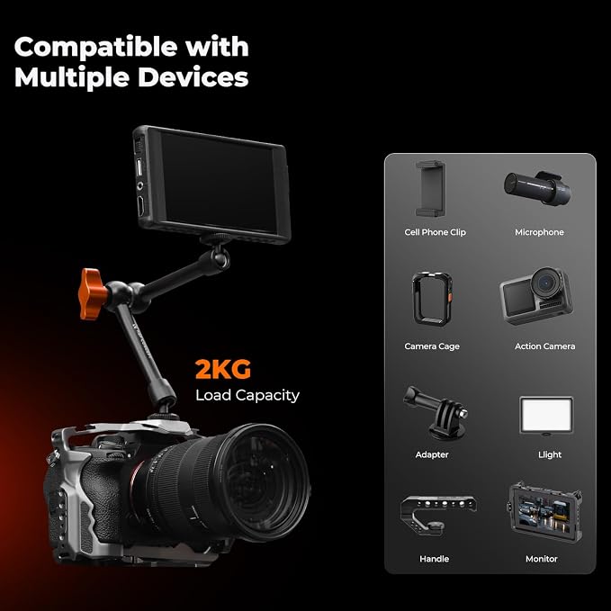 K&F CONCEPT 2-Pack 9.8" Magic Arm, 1/4" Screw Camera Mount Arm 360° Ball Heads - Image 4