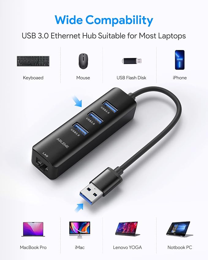 USB to Ethernet Adapter, ABLEWE 3 Ports USB 3.0 Hub - Image 5