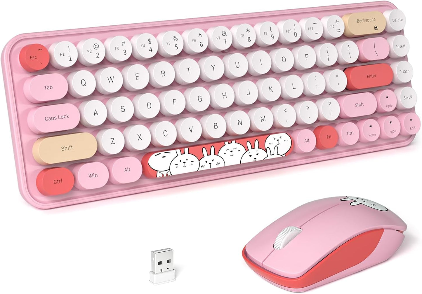 FOPETT Wireless Keyboard and Mouse Cute Mouse and Keyboard 2.4G Wireless Keyboards with Colorful 68 Keys Typewriter Retro Round Keycap for PC, Laptop,Tablet,Computer Windows - Pink Colorful
