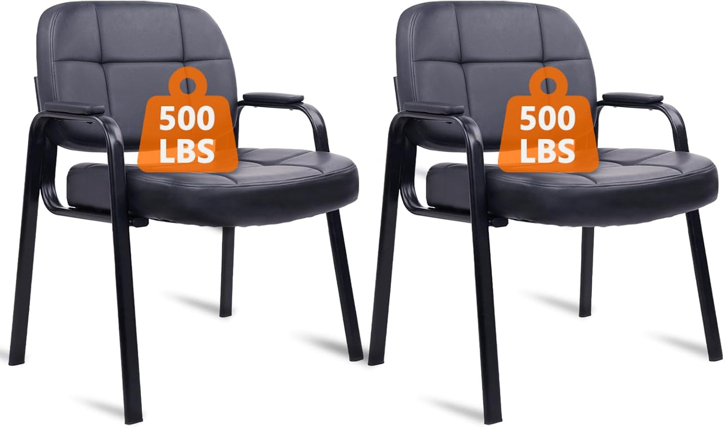 CLATINA Big & Tall 500 lbs Waiting Room Guest Chair, Leather Office Reception Chair No Wheels with Padded Arms for Elderly Home Desk Conference Room Lobby Side Salon Clinic, Black(2 Pack)