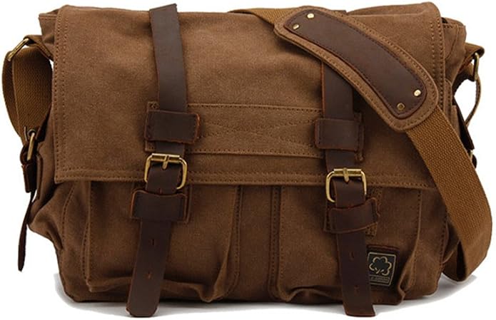 Sechunk Vintage Military Leather Canvas Laptop Bag Messenger Bags Medium by Sechunk