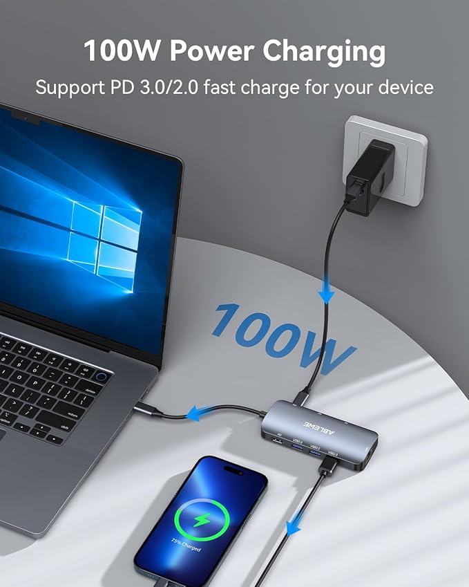 ABLEWE USB C Hub Ethernet, 8 in 1 4K@60Hz USBC Adapter, 100W PD, 3 USB 3.0 Ports - Image 5