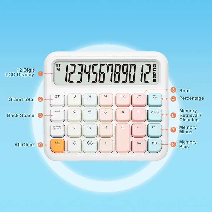 Pendancy Calculators Desktop 12 Digit, Gradient Pink Cute Basic Calculator - Image 3