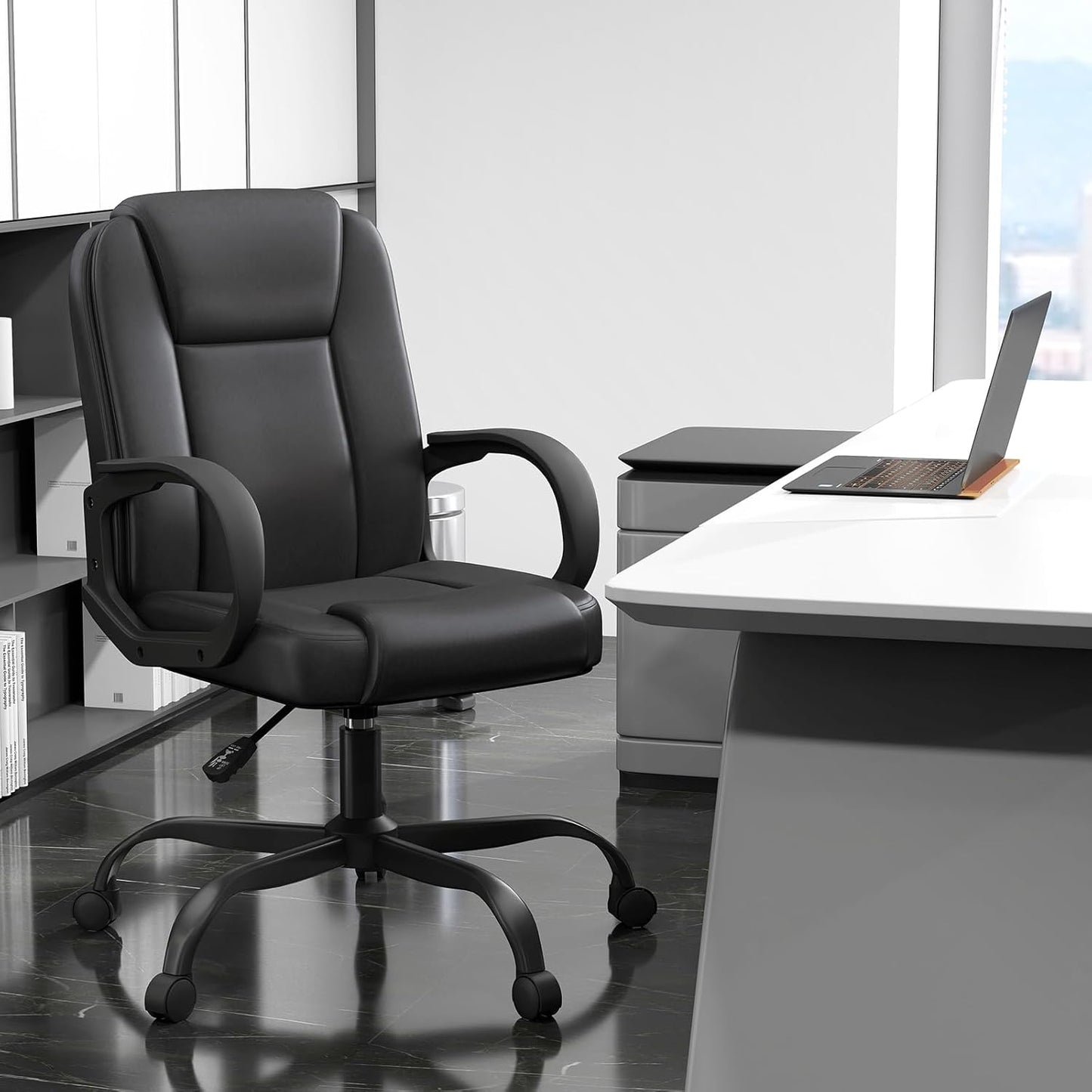 ZZH Executive Office Chair, Leather Desk Computer Chair with Armrests, Mid-Back Swivel Adjustable for Home Office, 2PC, Black