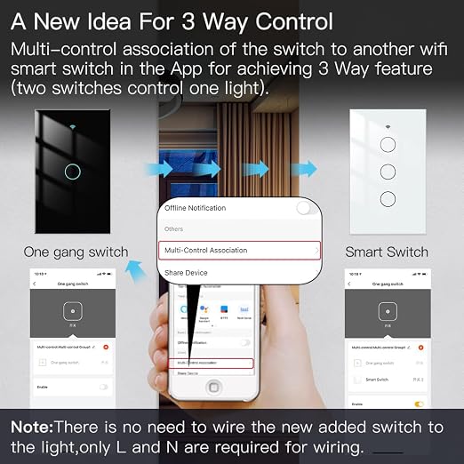 MOES 2.4GHz WiFi Wall Touch Smart Switch Neutral Wire Required, 3 Way - Image 3