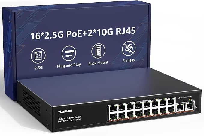 YuanLey 18 Port 2.5G PoE Switch Unmanaged, 16 x 2.5GbE PoE Ports, 2 x 10G RJ45 by YuanLey