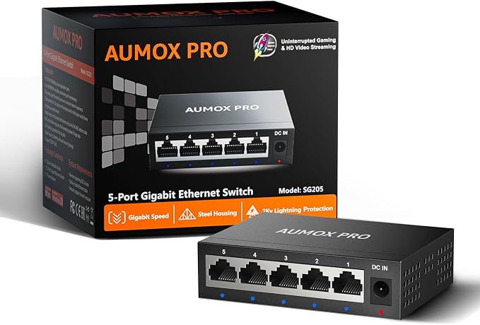5 Port Gigabit Unmanaged Ethernet Switch, AUMOX PRO Home Network Hub, Office by AUMOXPRO