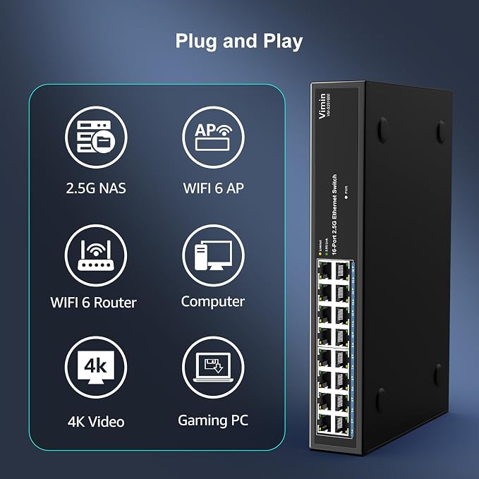 16 Port 2.5G Switch Unmanaged, Vimin 16 Port 2.5GB Base-T Ethernet Switch - Image 6