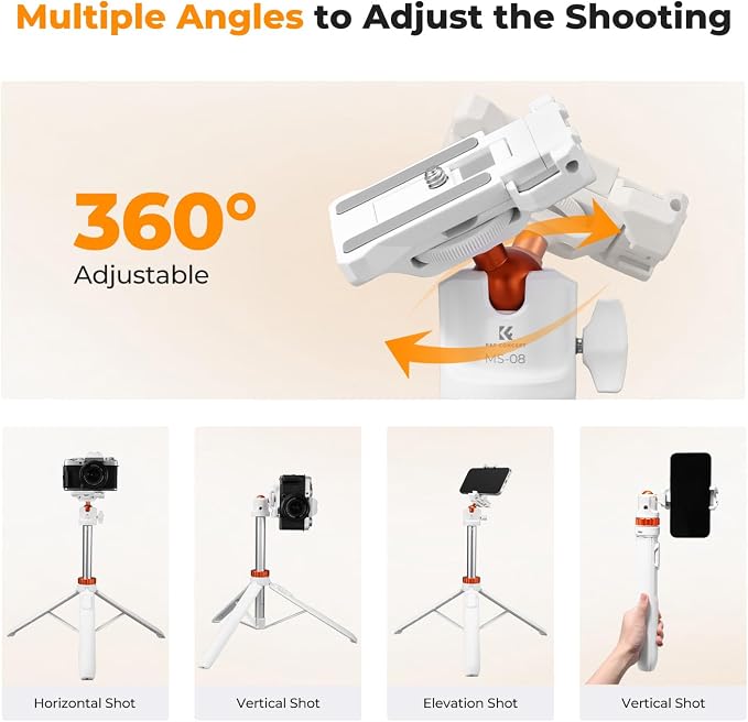 K&F CONCEPT MS08 62'' Selfie Stick Tripod, 2-in-1 Extendable White Phone Tripod - Image 5