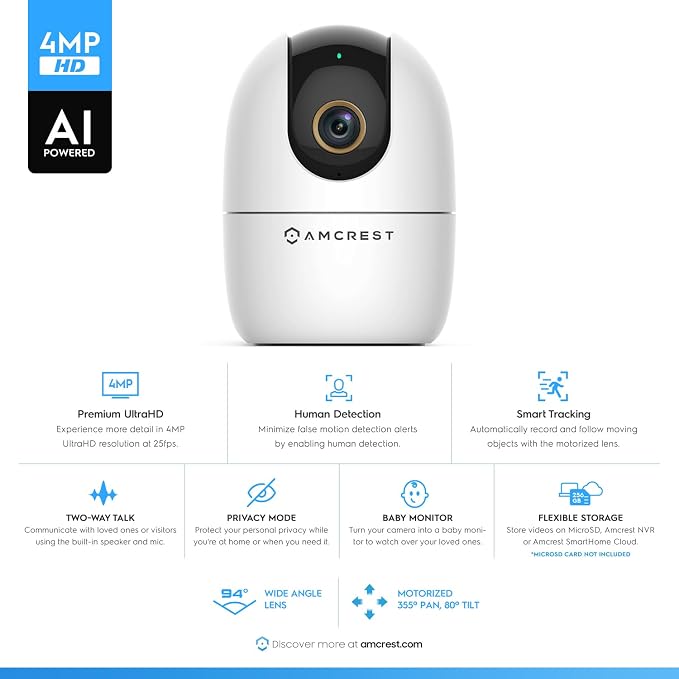 Amcrest 4MP WiFi Camera Indoor Camera, Sound & Baby Monitor, Human & Pet - Image 2