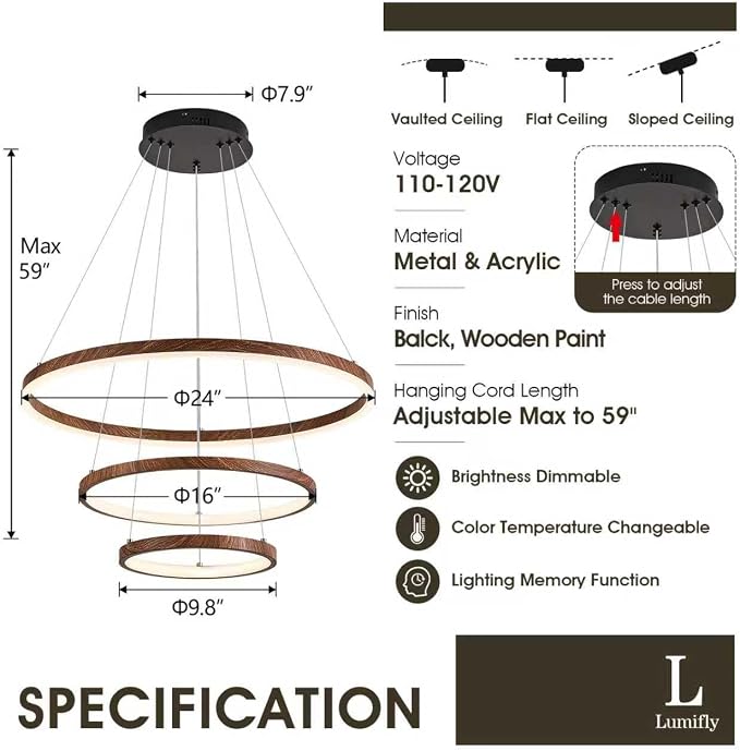 Modern LED Chandelier Dimmable 3 Ring Pendant Light - Image 7