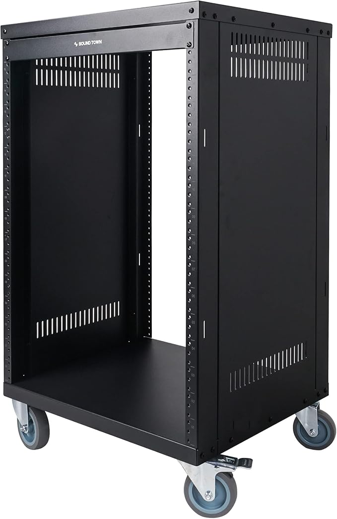 Sound Town 16U Universal Steel Rack, w/Mesh Doors, Locking Casters, Vented Side - Image 4