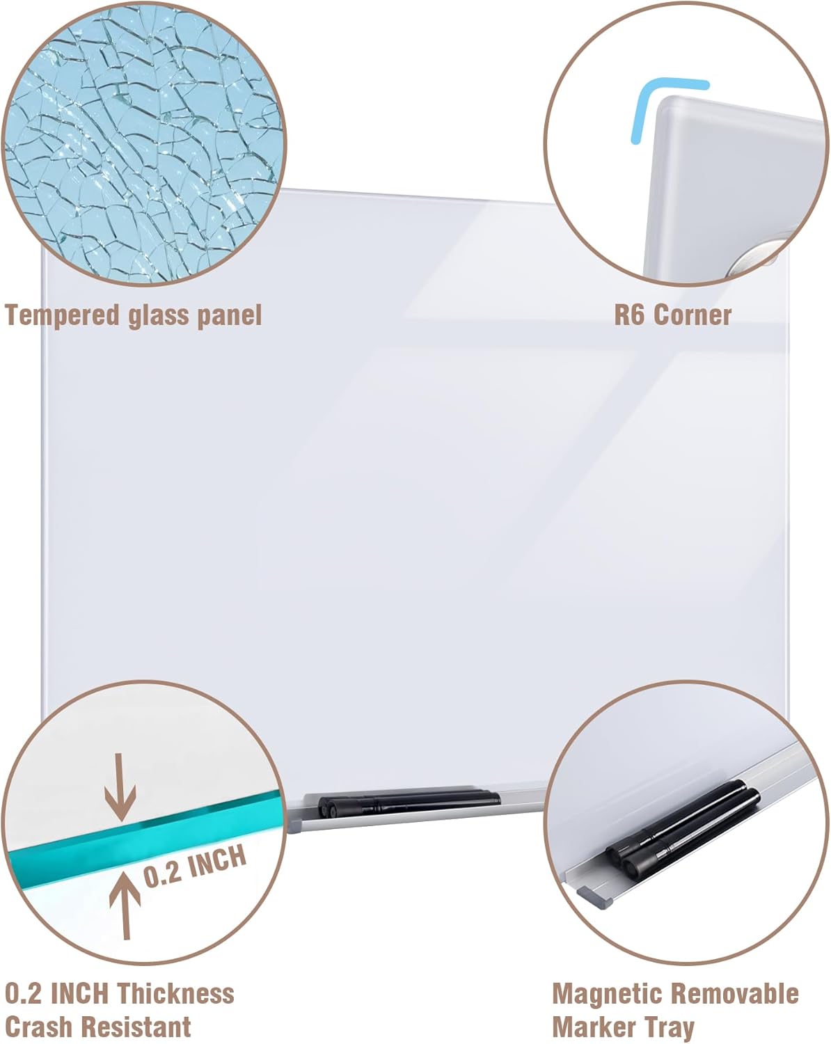 Magnetic Glass Whiteboard，24"x18" Wall Mounted Frameless Dry Erase Board for Office, Home & School Ultra White