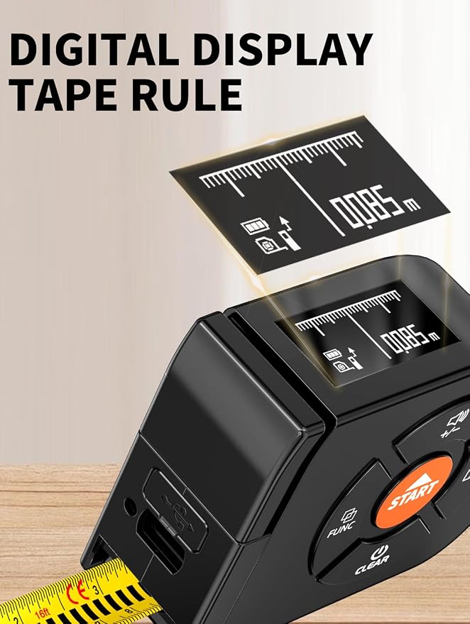 Laser Tape Measure 3-in-1, 196ft/60m Laser Distance Meter, 16ft/5m Digital Tape - Image 2