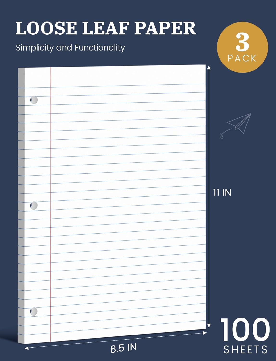 Loose Leaf Paper, 300 Sheets Filler Notebook Paper, 3-Hole Punched Binder Papers 8-1/2 x 11 In, Wide Ruled Lined Paper 8.5 x 11 for 3 Ring Binder, White, 3 Pack, 100 Sheets/Pad