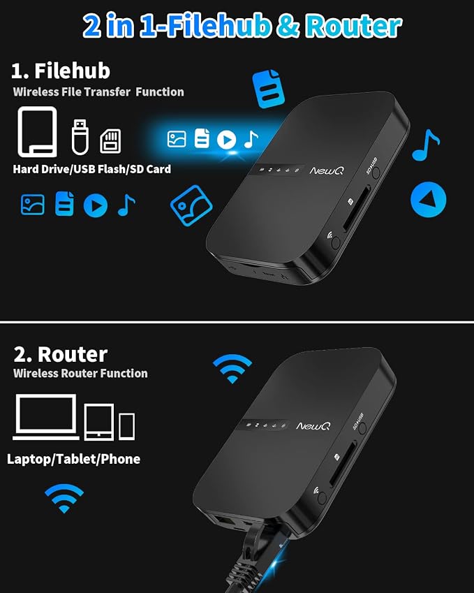 NewQ Filehub AC750 Travel Router: Portable Hard Drive SD Card Reader & Mini - Image 2