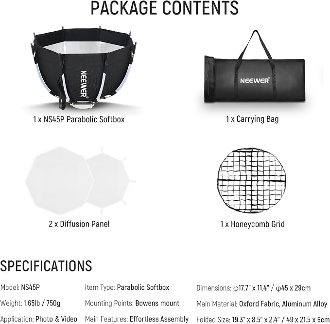 NEEWER Octagonal Softbox Kit, 17.7" Parabolic Soft Box - Image 9