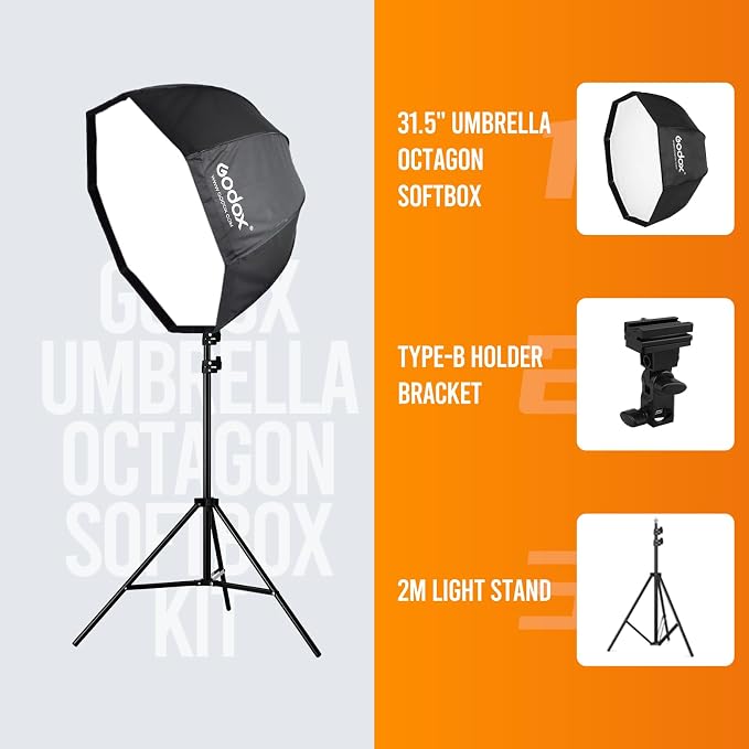 Godox Photo Studio 80cm 31.5in Portable Octagon Umbrella Softbox, 190cm Light - Image 4