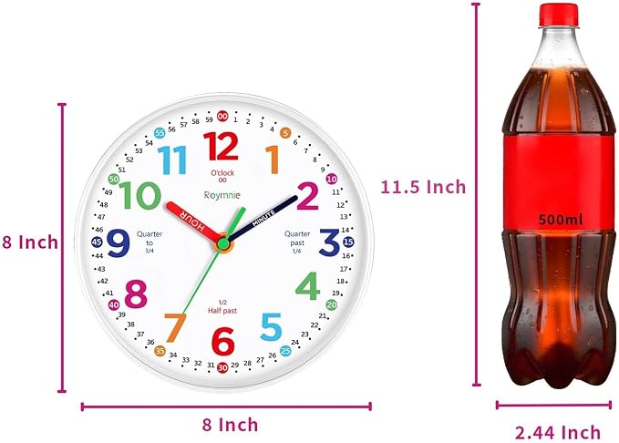 Roymnie Wall Clock for Kids Learning to Tell Time Non Ticking Battery Operated - Image 3