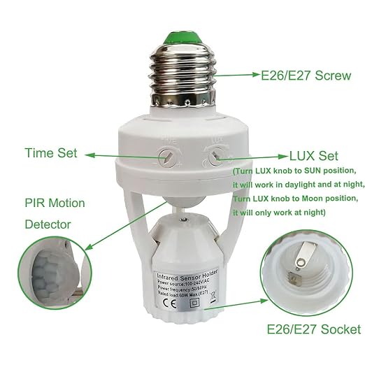 PIR Motion Sensor Light Socket, E26/E27 Smart Lamp Bulb Holder Adapter Auto - Image 2