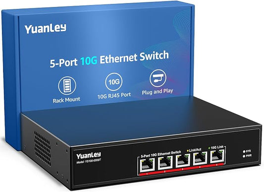 YuanLey 5 Port 10G Ethernet Switch, 5 x 10Gbps RJ45 Ports, Support by YuanLey