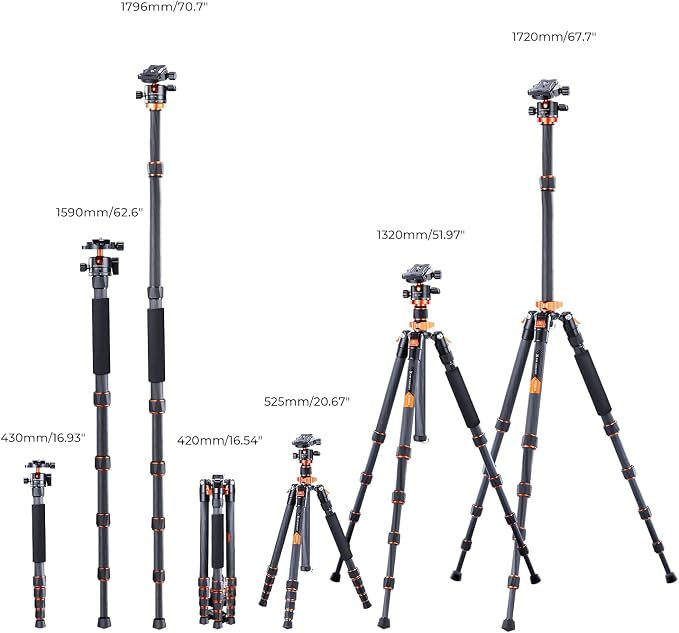 K&F CONCEPT 68" Carbon Fiber Camera Tripod, Compact Tripods - Image 7