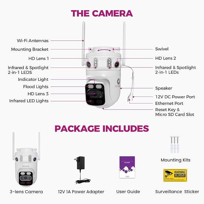 xmartO 6MP Tri-Lens WiFi Security Camera, 360° Pan Tilt AI Auto Tracking - Image 9