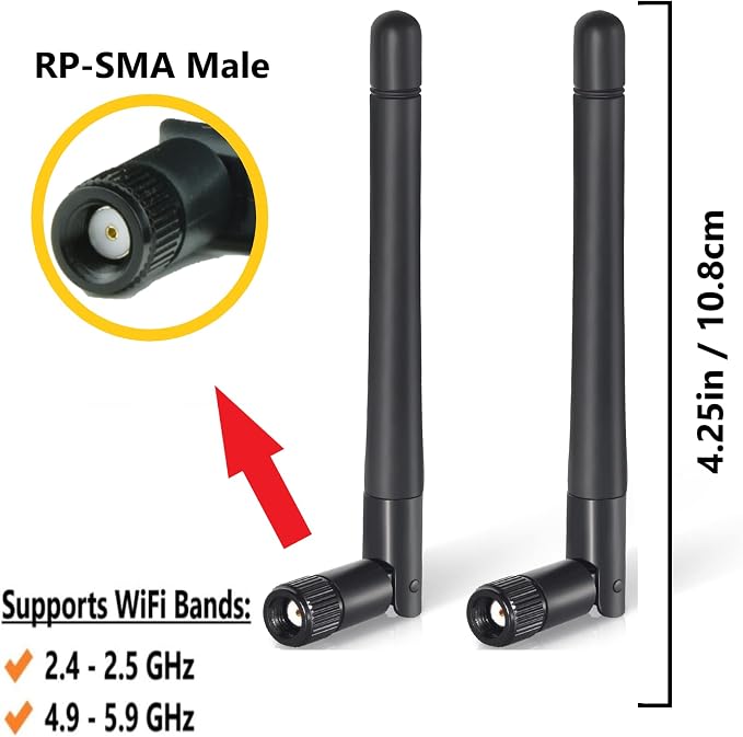Tri-Band WiFi Antenna 3dBi High Gain 2.4GHz, 6GHz | Pair of Mini-Black | RP-SMA - Image 2