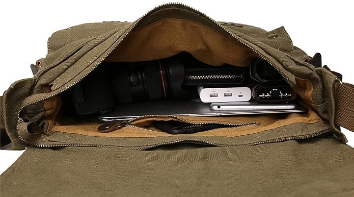 Sechunk Vintage Military Leather Canvas Laptop Bag Messenger Bags Medium - Image 7