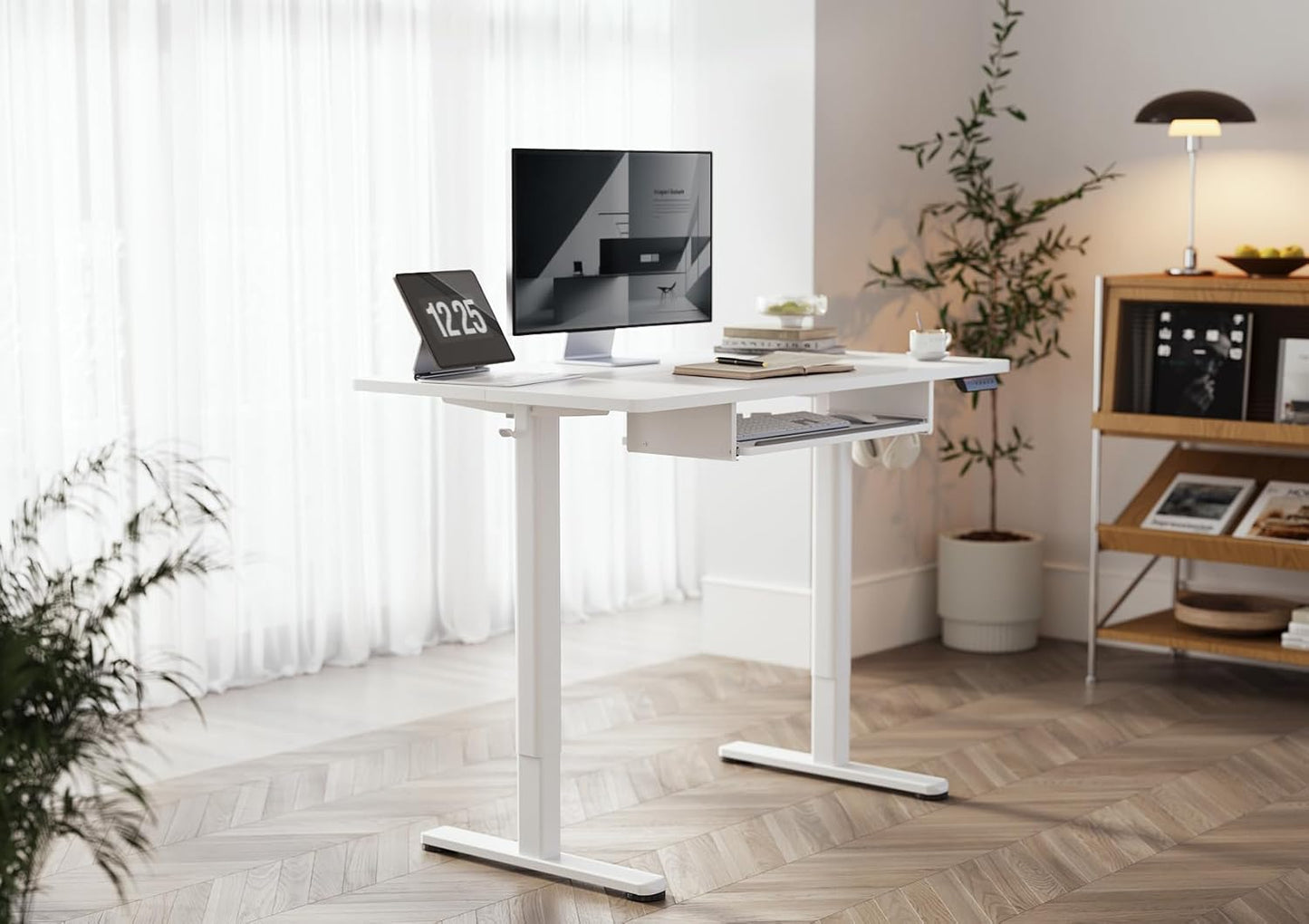 YDN Standing Desk, Height Adjustable Computer Desk with Keyboard Tray, 48 Inch White Ergonomic Desk for Home Office and Gaming