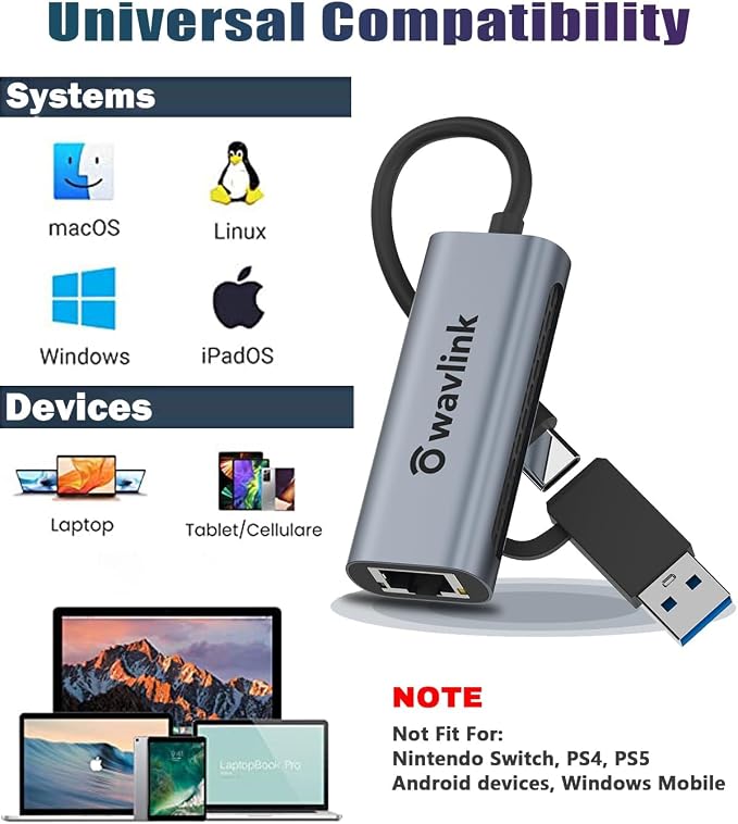 Wavlink USB C to Ethernet Adapter 2.5 Gbps, 2-in-1 USB to 2.5G Ethernet Adapter - Image 6