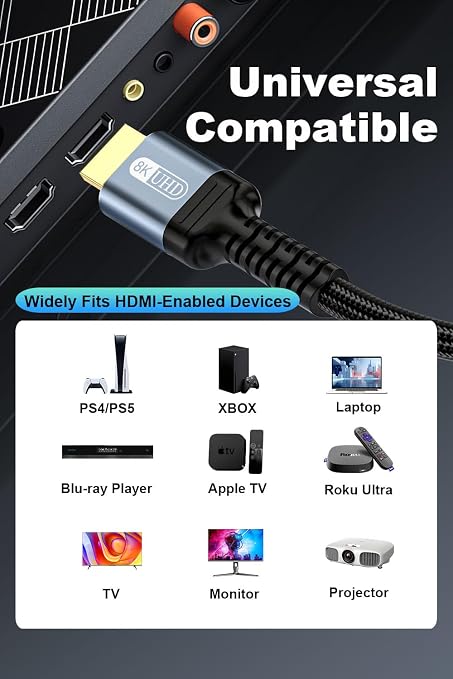 8K HDMI 2.1 Cable 10ft, 48Gbps Ultra High Speed HDMI Cable Braided, Dynamic HDR - Image 7