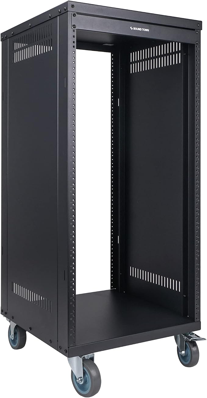 Sound Town 21U Universal Steel Rack, w/Mesh Doors, Locking Casters, Vented Side - Image 2