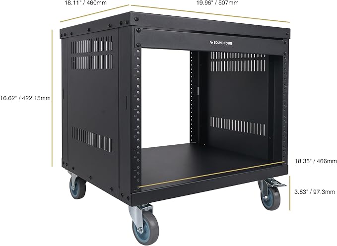 Sound Town 8U Universal Steel Rack, w/Mesh Doors, Locking Casters, Vented Side - Image 6