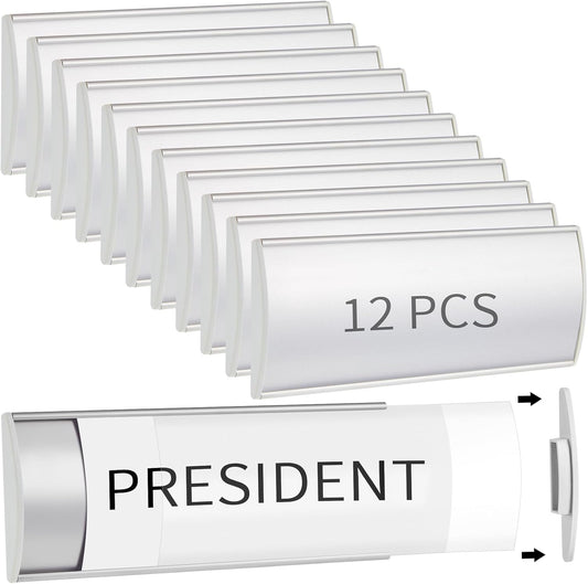 Therwen 12 Pcs Aluminum Office Name Plate Holder for Door Wall Mount 8'' x 3'' Business Sign Holder Office Door Sign Sturdy Curved with Plastic Film and Adhesive Tape (Silver)