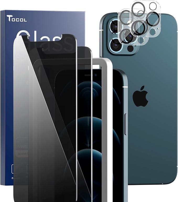 TOCOL 2+2 Pack Compatible for iPhone 12 Pro Max, 2 Pack Privacy Tempered Glass by TOCOL