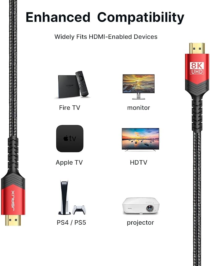 JSAUX 8K HDMI Cable 2.1 2 Pack 10ft, 48Gbps Ultra High Speed HDMI Cable Braided - Image 6