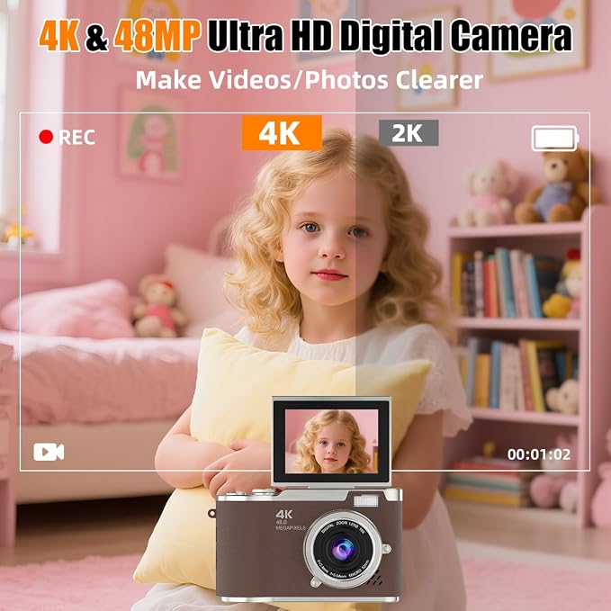 4K Digital Camera, Autofocus 48MP Selfie Vlogging Camera Compact Point and - Image 2