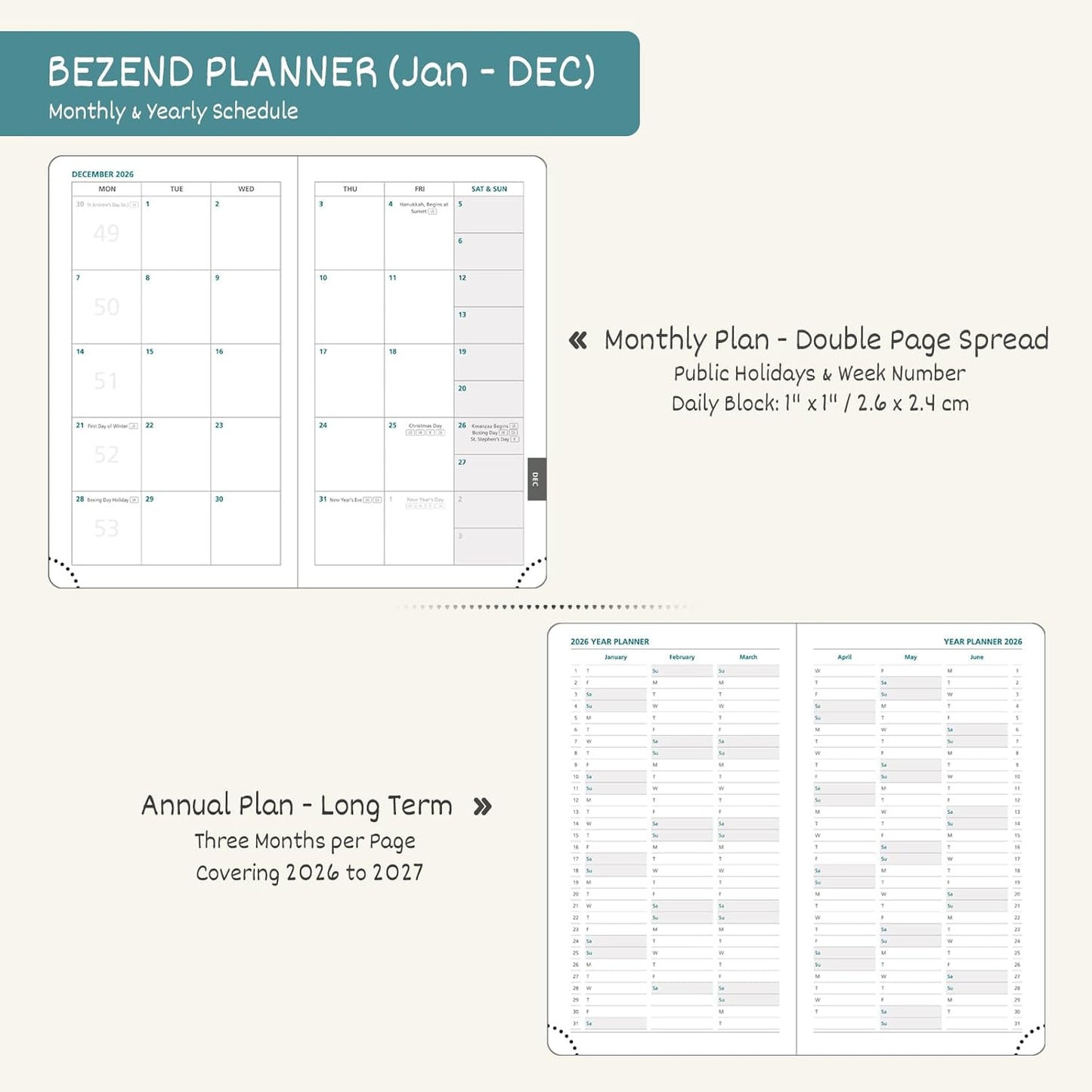BEZEND Pocket Calendar 2026 Weekly and Monthly (3.5" x 6") Small Daily Planner for Purse (Jan-Dec) with Notes & Expenses, Inner Pocket, Pen Holder, Vegan Leather Hardcover - Turquoise