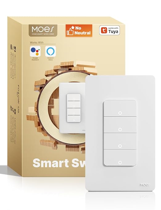 MOES Smart 4 Gang Light Switches, 2.4GHz WiFi Single Pole Switch, No Neutral by MOES